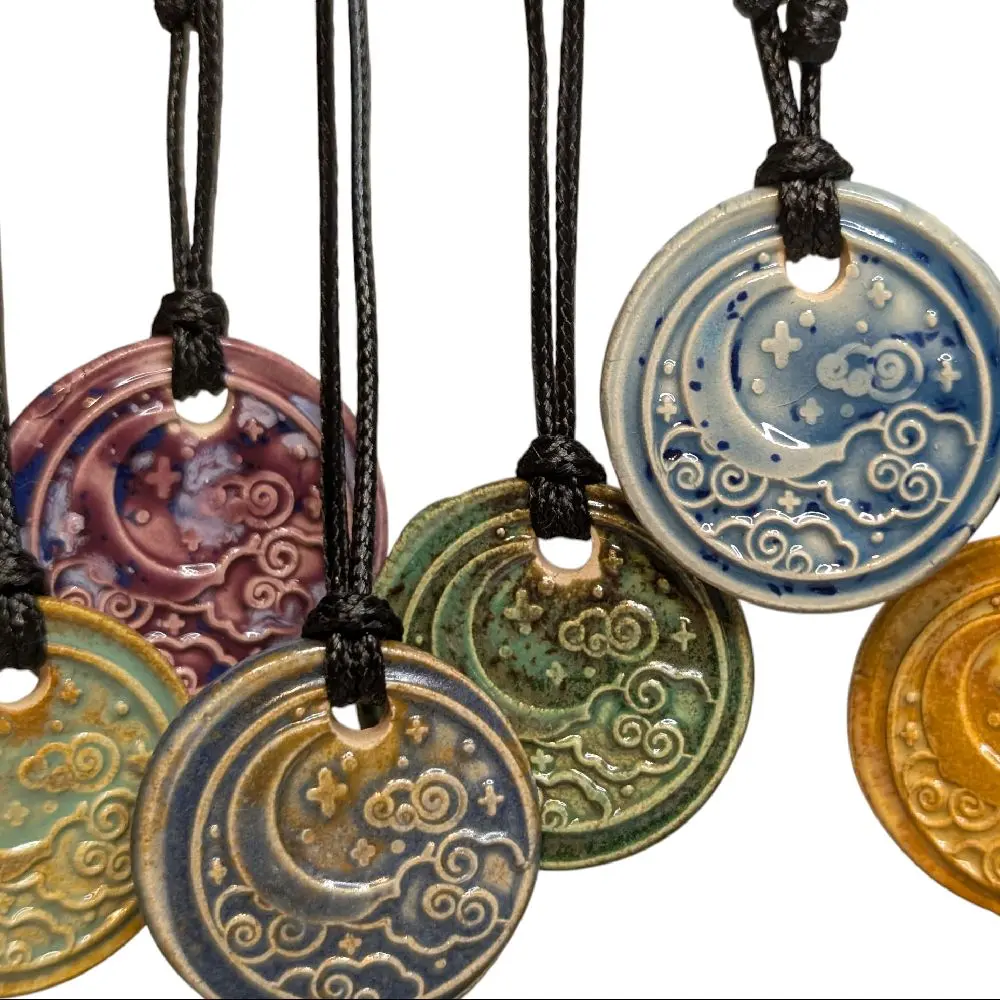 Crescent Moon And Clouds Cottagecore Ceramic Wax Seal Pendant Hippie Whimsical Choker Adjustable Cord Necklace Clay Charms Celestial