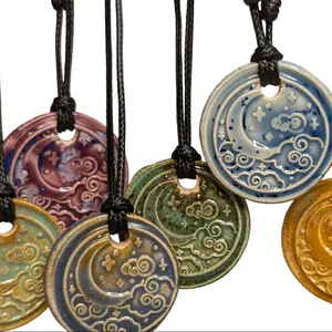 Crescent Moon And Clouds Cottagecore Ceramic Wax Seal Pendant Hippie Whimsical Choker Adjustable Cord Necklace Clay Charms Celestial