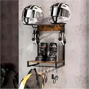 Wall-Mounted Motorcycle Helmet Holder with Hooks & Clips - Heavy-Duty Metal Space-Saving Storage Rack for Helmets, Accessories, Bikes - Multi-Purpose Garage & Workshop Organization, Helmet Rack, Storage Racks Organiser