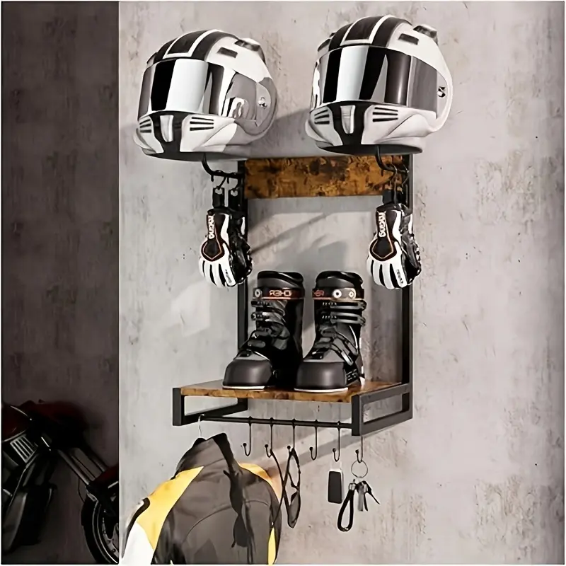 Wall-Mounted Motorcycle Helmet Holder with Hooks & Clips - Heavy-Duty Metal Space-Saving Storage Rack for Helmets, Accessories, Bikes - Multi-Purpose Garage & Workshop Organization, Helmet Rack, Storage Racks Organiser
