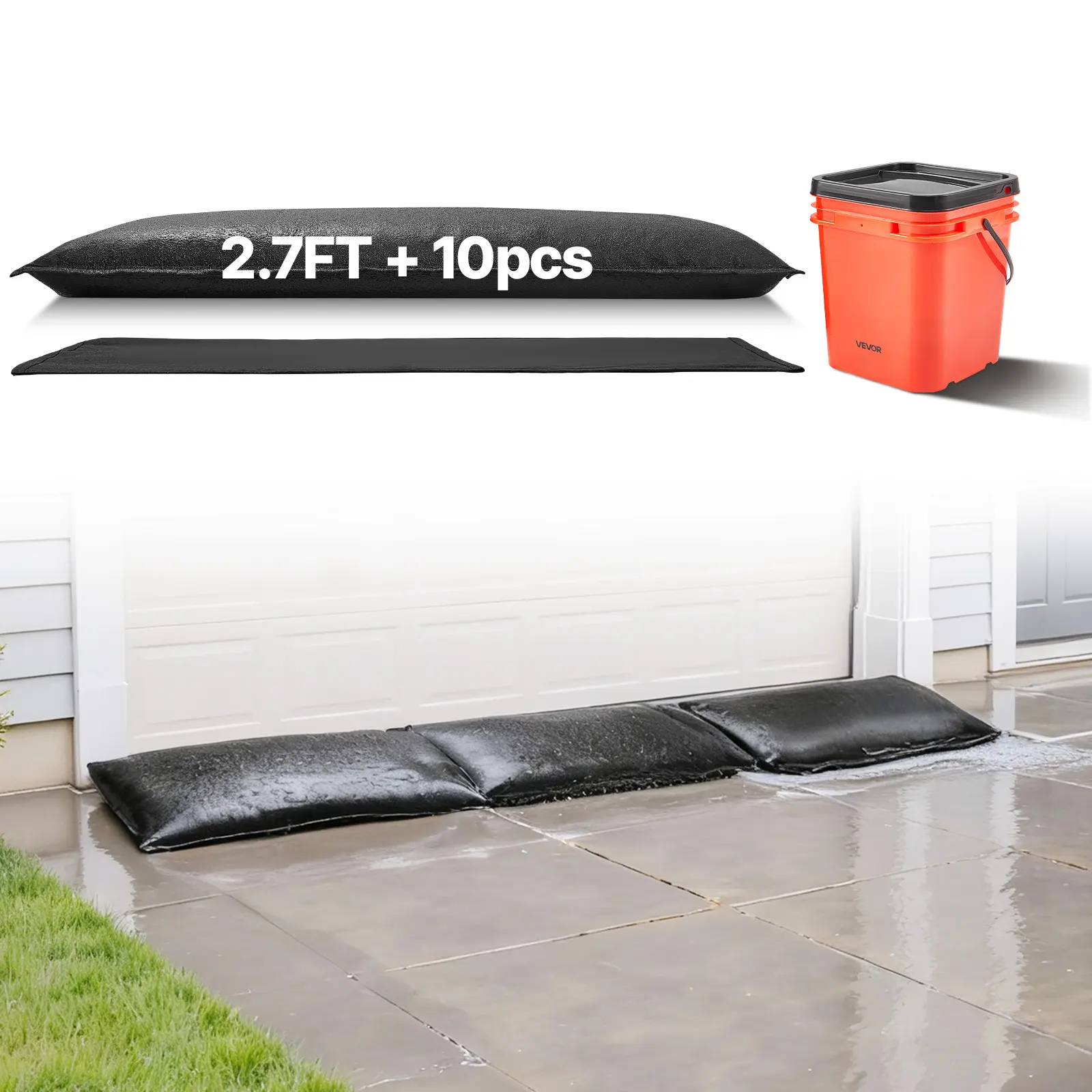 【Summerfinds】VEVOR Flood Barrier,10 Pack1.4 x 2.7 ft Flood Bags with BucketReusable Water Absorbent Barrier Activated by WaterSandless Sandbags BlockageFlooding Prevention Bags for DoorBasementGarage, Flood Protection