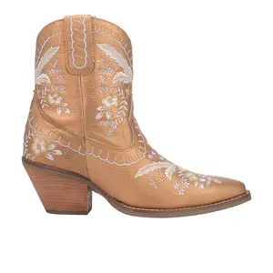 Dingo Womens Primrose Floral Embroidered Metallic Pull On Snip Toe  Casual Boots Ankle Mid Heel 2-3" - Brown