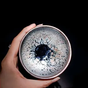 Handcrafted silver oil-spot Jianzhan teacups, Chinese tea set, kiln-fired silver oil-spot Jianzhan, original ore craftsmanship, exquisite teaware, a perfect gift and collectible.