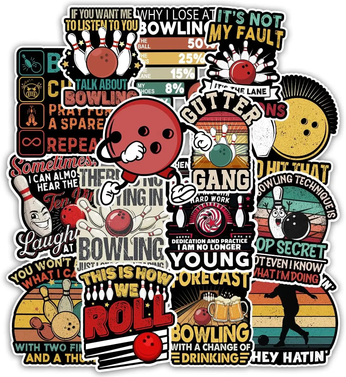 Funny Bowling Sticker Pack, Bowling Team Gift for Party Night, Decoration for Laptop Tablet Water Bottle Helmet Vehicles