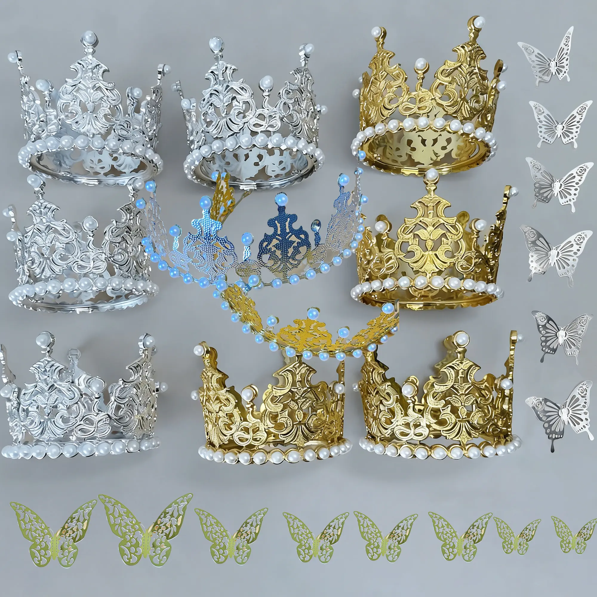 Creative Craft Decoration Set – Gold & Silver Butterflies, Crowns, Pearls – Ideal for Eternal Ribbon Roses, Cake Decor, Birthday Parties, Artificial Flowers & DIY Projects