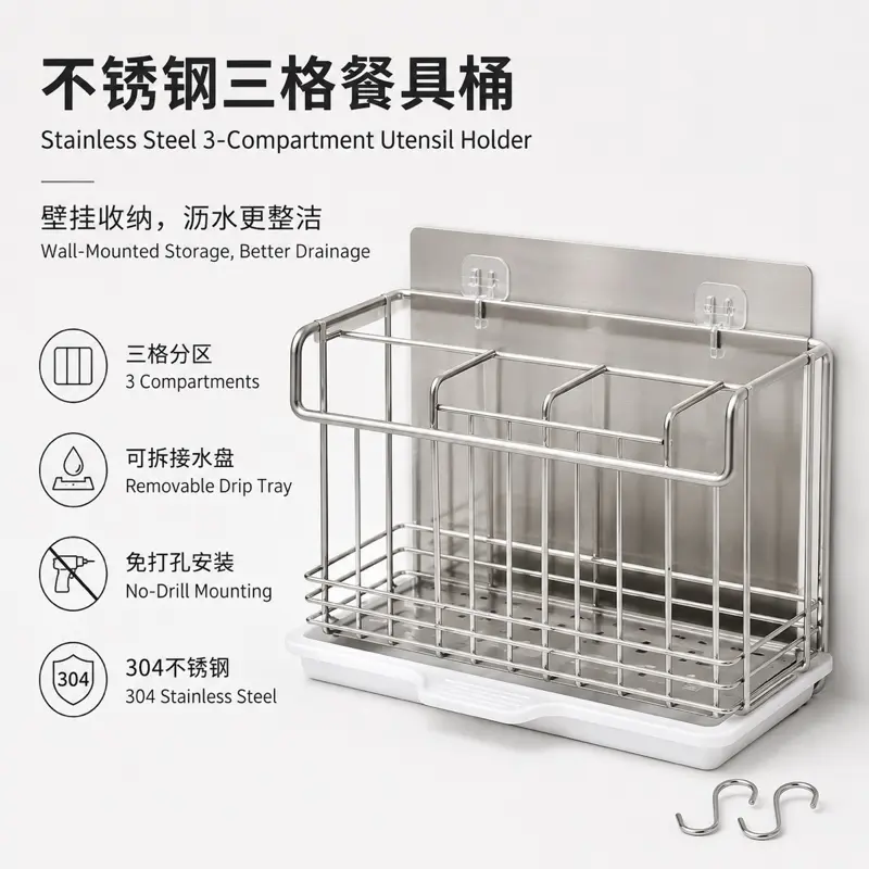 Stainless Steel 3-Compartment Utensil Holder with Removable Drip Tray No-Drill Mounting 304 Stainless Steel Wall-Mounted Storage