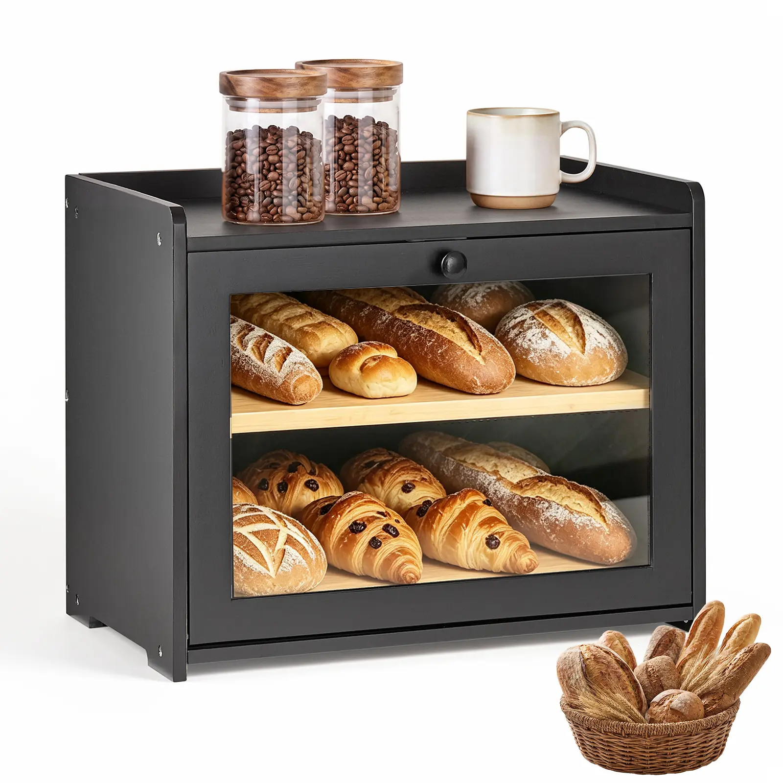 VEVOR Bread Box for Kitchen Counter Bamboo Wood Storage Container Black, for Homemade Bread, Under Cabinet, and Pantry, Double Layer Farmhouse Breadbox Bin, with Acrylic Door Panel and Air Vents