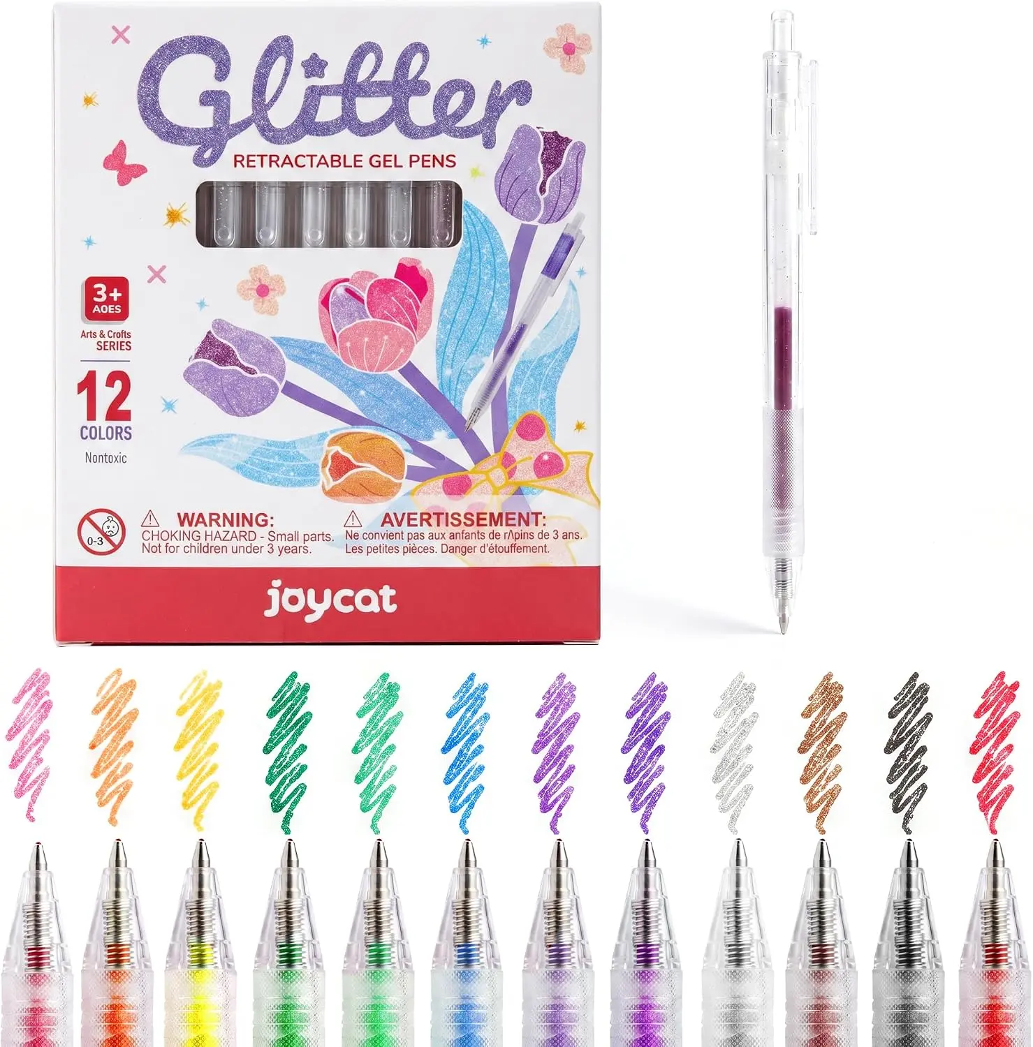 JoyCat Glitter Gel Pens, 12 Colors, Retractable 0.8mm Fine Point | Smooth glitter ink, cap-free click design and DIY swatch labels for coloring, journaling and drawing by adults and kids.