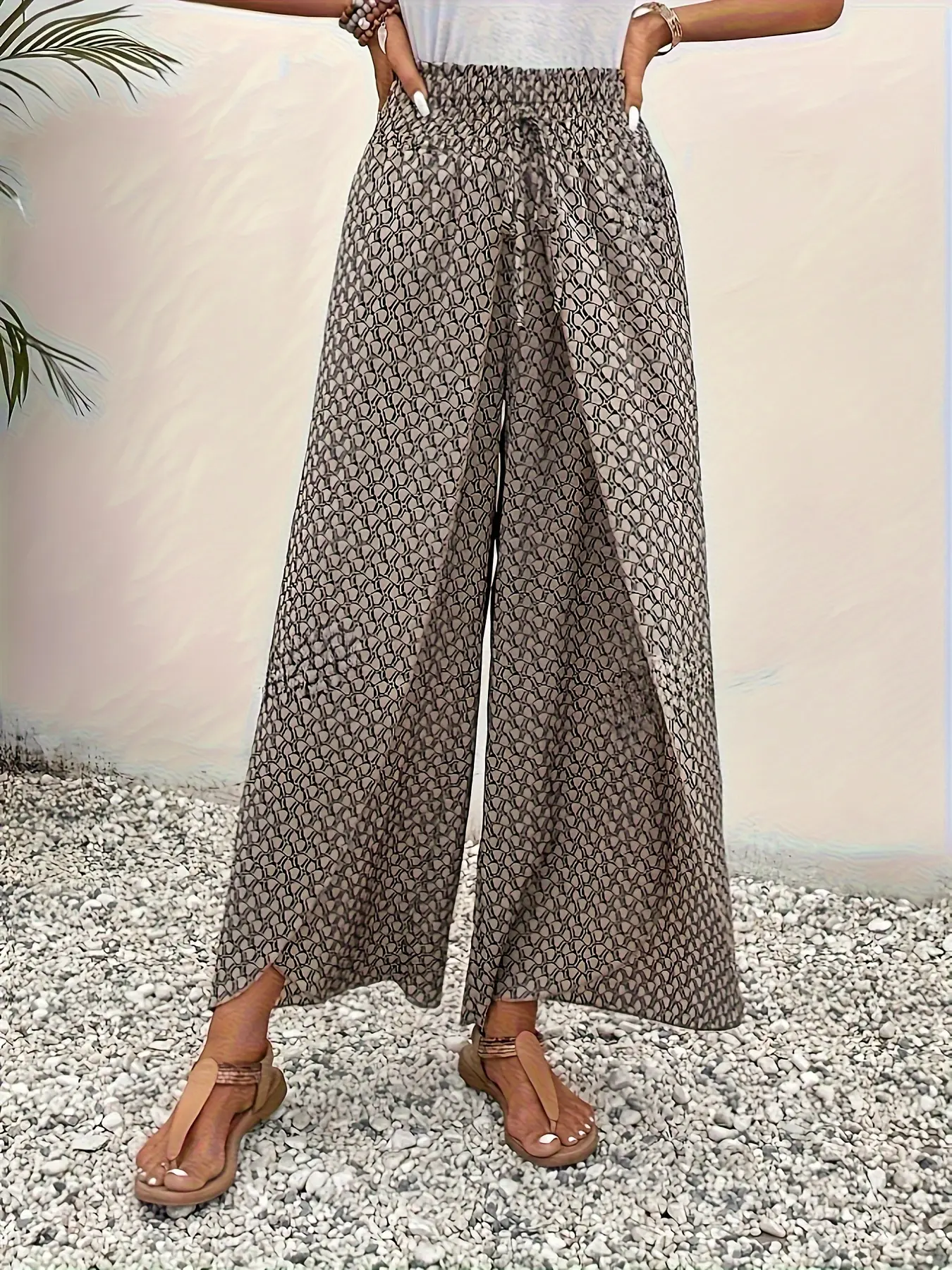Directional French All-Over Printed Tulip Hem Wide-Leg Loose Cross Pants with a Tied Waist