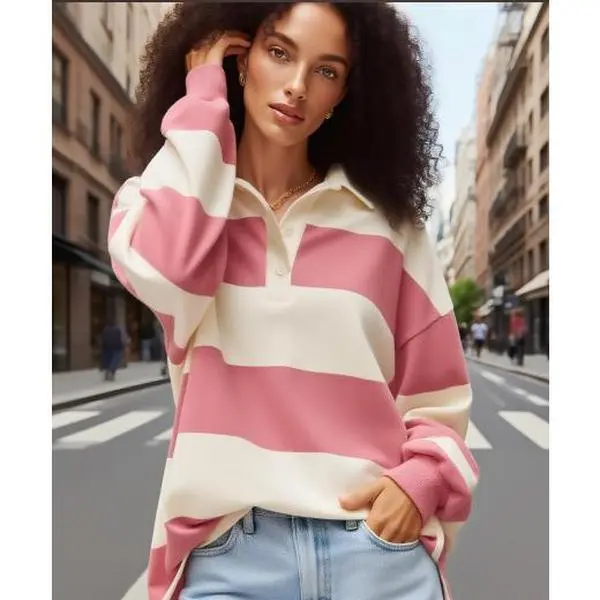 Y2k Women Striped Rugby Shirt Long Sleeve Collared Oversized Vneck Sweatshirt Vintage Jersey Girls Streetwear, Fashion Forward, Modern Design, Easy Styling, Daily Essential, Versatile Style, Modern Design quick dry