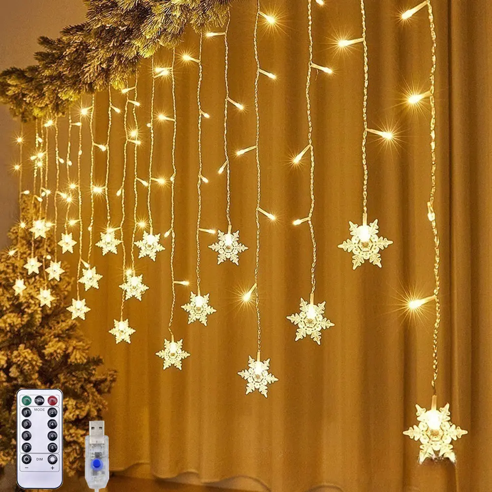 1pcs LED Curtain Lights, 256in 100 LED Snowflake Curtain String Lights, USB Power Window Curtain Lights with 8 Modes Decoration for Christmas, Wedding, Party, Wall, Home Decorations Ornaments White