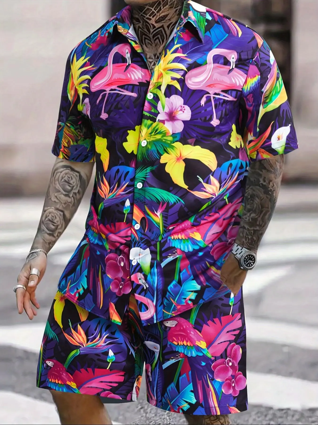 Men's Vibrant Floral Print Short Sleeve Shirt and Shorts Matching Set, Shorts Sets Outfits, Menswear Casual Summer Beachwear with Flamingo and Tropical Leaves, Fitted Breathable Polyester Fabric for All Seasons Outfit Clothes