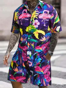 Men's Vibrant Floral Print Short Sleeve Shirt and Shorts Matching Set, Menswear Casual Summer Beachwear with Flamingo and Tropical Leaves, Fitted Breathable Polyester Fabric for All Seasons Outfit Clothes