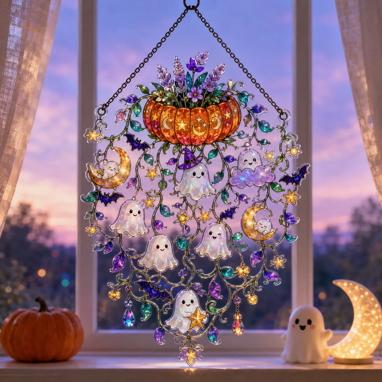 Halloween Ghost Pumpkin Acrylic Suncatcher, Faux Stained Glass Window Hanging, Cute Celestial Witchy Fall Decor