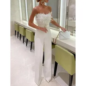 Women’s Fashionable Solid Color Long Jumpsuit – Sexy Strapless Design with Feather Detailing and Sloping Collar Evening Dress Elegant Women’s Jumpsuit GARMENTARY