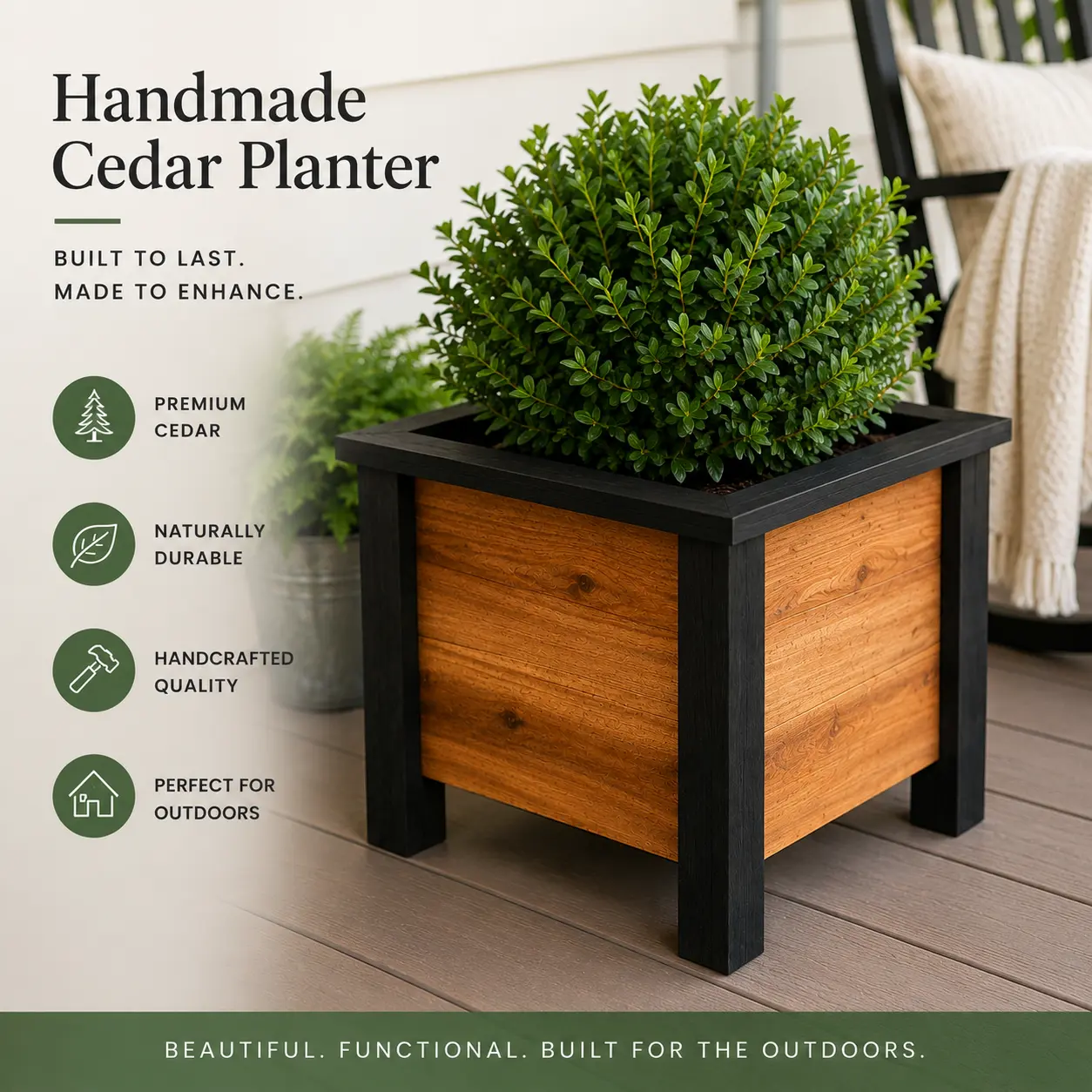 Handmade Cedar Planter Box 16x16x16 | Outdoor Wooden Flower Planter | Raised Garden Planter | Available Natural Cedar or Black Stained Trim | Porch & Patio Decor