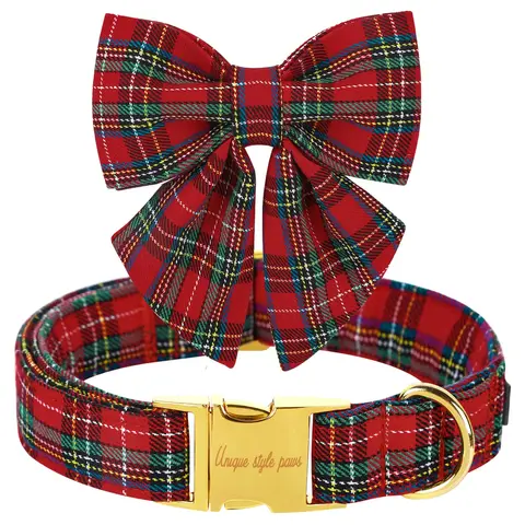 Festive Plaid Dog Collar with Bow Tie, Christmas Scottish Tartan Adjustable Collar for Small Medium Large Dogs, Ideal Holiday Autumn Winter Gift for Pets
