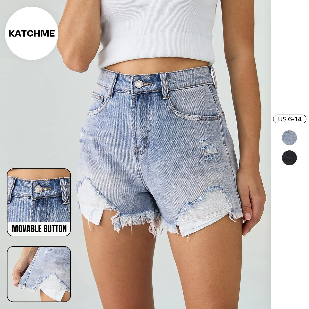 KatchMe Women's Leisure High Waist Raw Hem Multi-Pocket Ripped Stretchy Denim Shorts, Casual Wrinkle-Resistant Streetwear, Basic Durable Women's Bottom for Spring & Summer