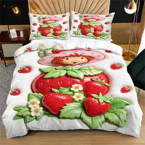 Strawberry girl pattern, soft and durable bed duvet cover set, including 1 duvet cover and 1 or 2 pillowcases, without cotton core, suitable as a daily holiday birthday gift for children and adults, bedroom decoration, Bedroom Bedding Set