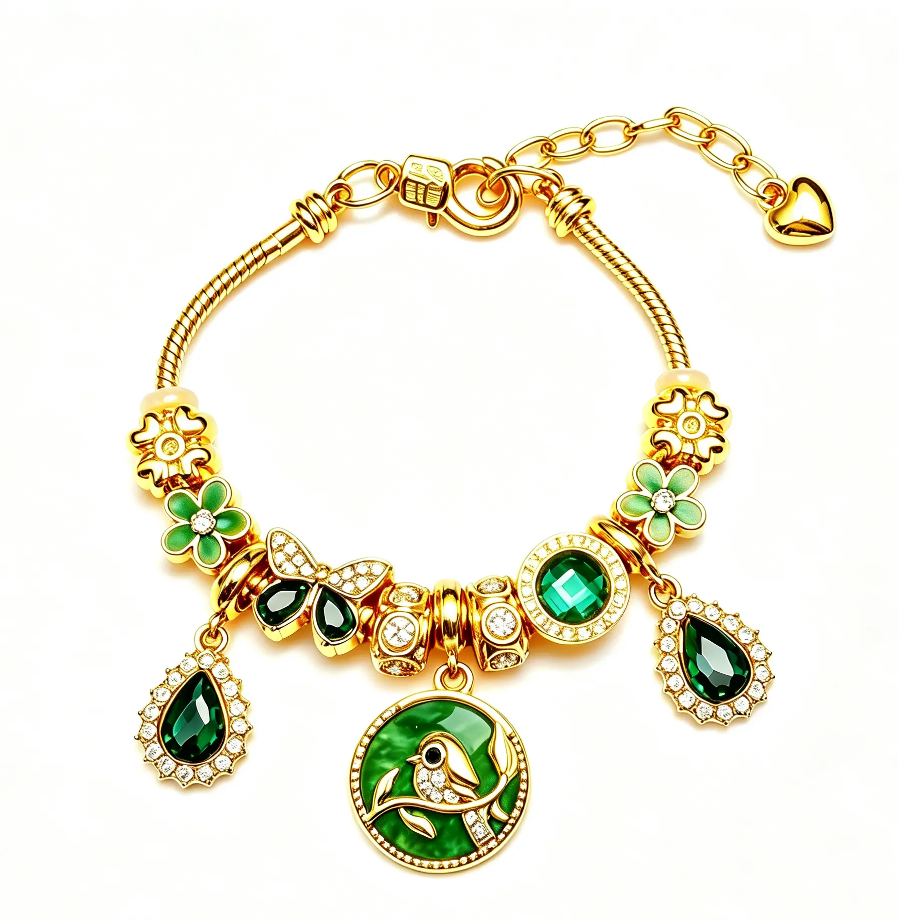 Vintage Green Enamel Bird Charm Bracelet, Gold-Tone Snake Chain with Floral & Teardrop Zircon Beads, Adjustable Fashion Jewelry for Women