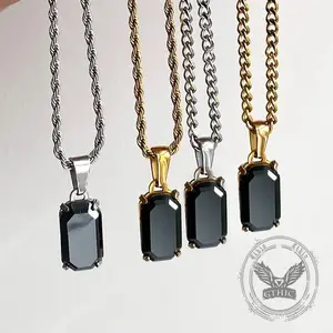 GTHIC Unisex Stainless Steel Cuban Link Chain with Rectangular Black Zircon Pendant, Modern Versatile Costume Jewelry, Birthday Gift Jewelry for Daily Wear