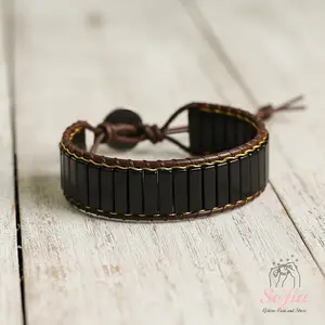 Sofia Natural Obsidian Stone Tube Bracelet Protection Gemstone Braided Boho Style Adjustable Cuff for Daily Use Trendy Stack Bangle Gift for Him Her