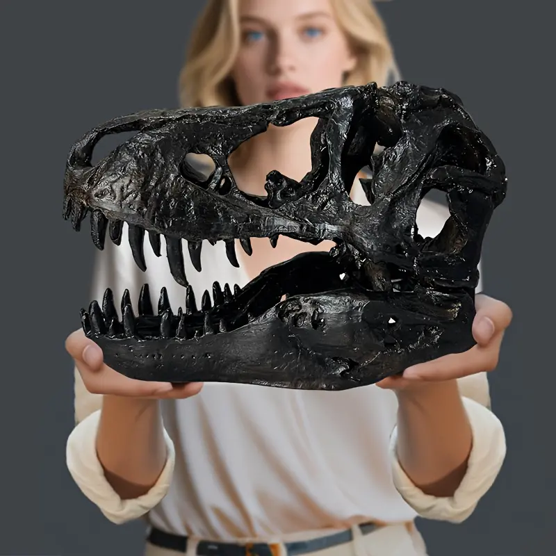 1pc Large Tyrannosaurus Rex Artificial Resin Bone Statue - Handmade Dinosaur Head Model with Bone Texture, No Power Needed, Fine Craftsmanship, Home Office Desk Decoration, Room Decor Ornaments
