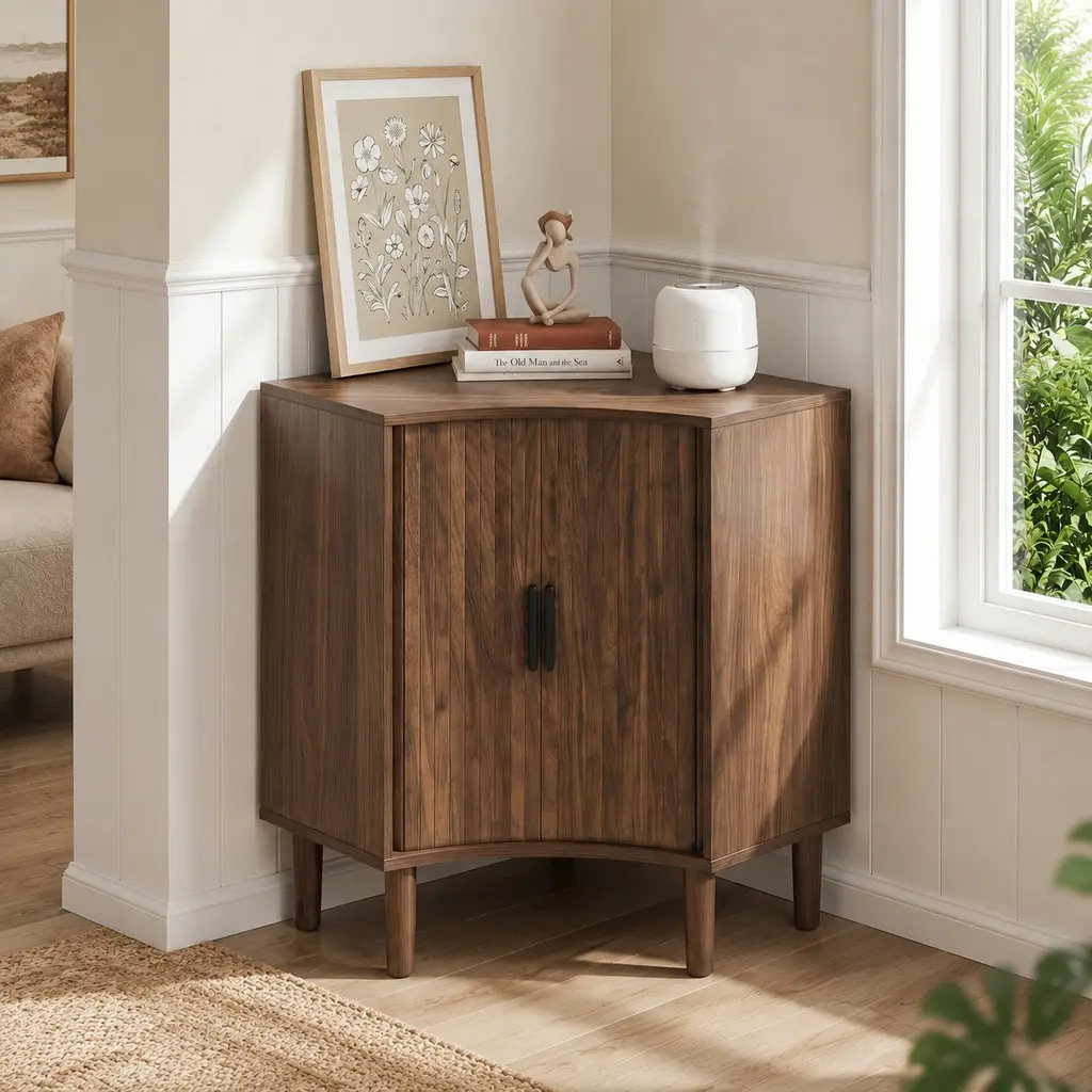 Fluted Corner Cabinet, Small Freestanding Wooden Storage Cabinet with Sliding Doors and Adjustable Shelves, Modern MDF Narrow Floor Cabinet for Living Room, Dining Room, Bathroom, Walnut Finish, 21.49"W x 21.49"D x 29.72"H, Walnut Color Options