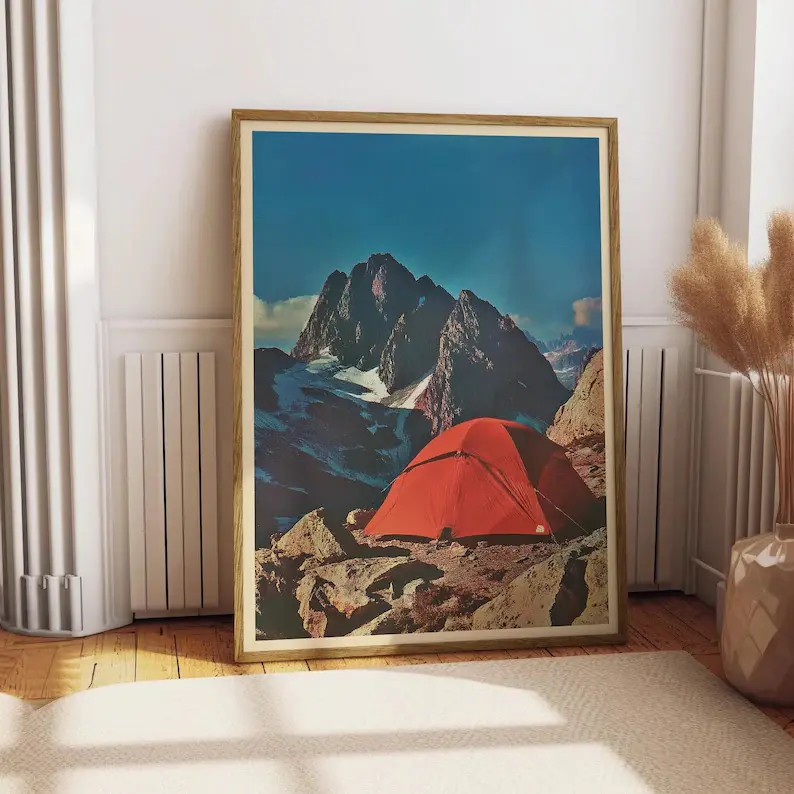 Vintage 1980s Mountaineering Advertisement Photo Poster - Artistic Wood Frame-Style Canvas Print, Retro Outdoor Home Wall Decoration, Ideal Gift for Outdoor Enthusiasts