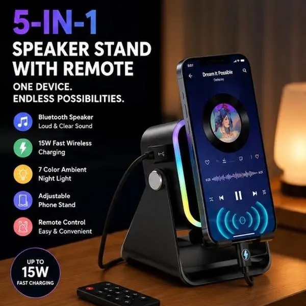 Wireless Induction Audio Speaker Stand, 5in1 Cellphone Holder, 3500mAh Rechargeable Emergency Power Bank,360° Adjustable Mobile Tablet Stand with Colorful Ambient Light Gifts for Men Women tiktokshopsummersale