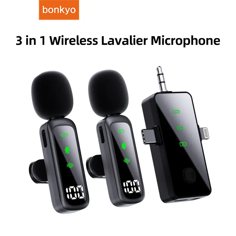 【3-in-1 Wireless Mic】Bonkyo Mini Lavalier Microphone for iPhone/Android - Noise Cancelling Clip-on Mic for YouTube/Vlog/Interview, 98ft Range, 18H Battery, Real-Time Monitoring Audio Cable