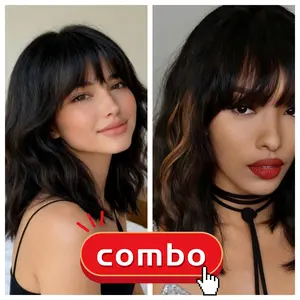 [BUY 1 GET 2 WIGS] Natural Black Wigs with Bangs 14 Inches Short Bob Wig Shoulder Length Synthetic Hair for Women Girl Loose Wavy Wig Heat Resistant Fiber Hair for Daily Party  Cosplay Use