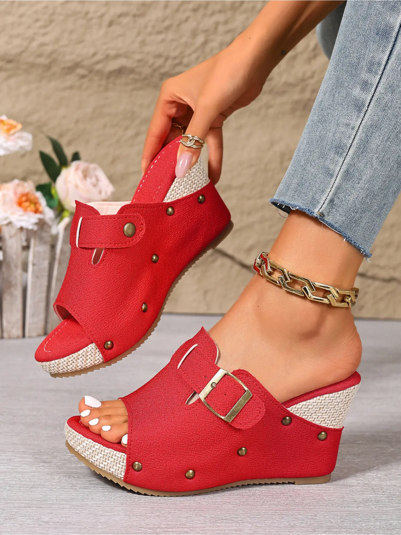 Women's Straw Platform Mules Summer Metal Buckle Open Toe Thick Heel Sandals Casual Trendy Sandals Slippers Fashionable Platform Sandals