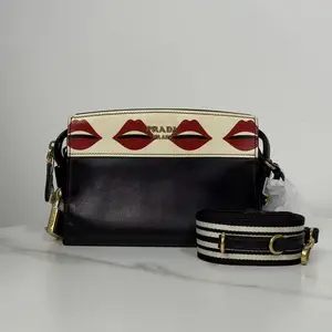 Pre-owned PRADA Lips Print Two Tone Leather Crossbody Bag with Stripe Webbing Strap
