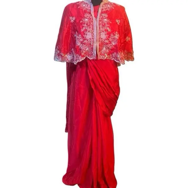 Women's Chic Embroidered Lightweight Elegant Cape-Accented Ready-to-Wear Red Saree Dress, Formal Party-Wear with Timeless Style