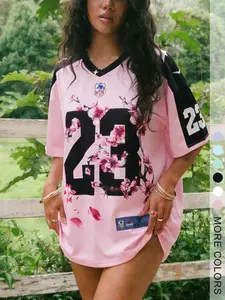 Women's Vintage Loose Fit Football Jersey, Floral Print & Sleeves, Casual Sports Wear, Outdoor Activities & Daily Wear