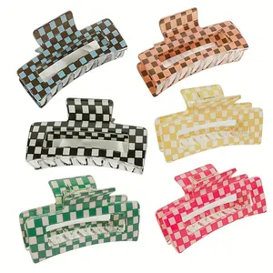 6Pcs Women's Multi‑Color Hair Claws, Square Plaid Hair Clips, Back‑of‑Head Ponytail Clips, Shark‑Shaped Hair Accessories, Anti‑Slip Styling Claws for Updos and Curly Hair for Ladies and Girls with Thick, Thin or Fine Hair