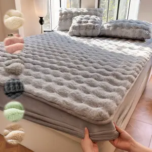 Faux Rabbit Fur Fitted Sheet 1pc – Soft Breathable Sheet Striped Luxury Soft & Warm Solid Color Bedding with Pillowcase, All-Season Use, Perfect for Bedroom, Dorm, Sofa, Fluffy Cozy & Ideal Christmas Gift