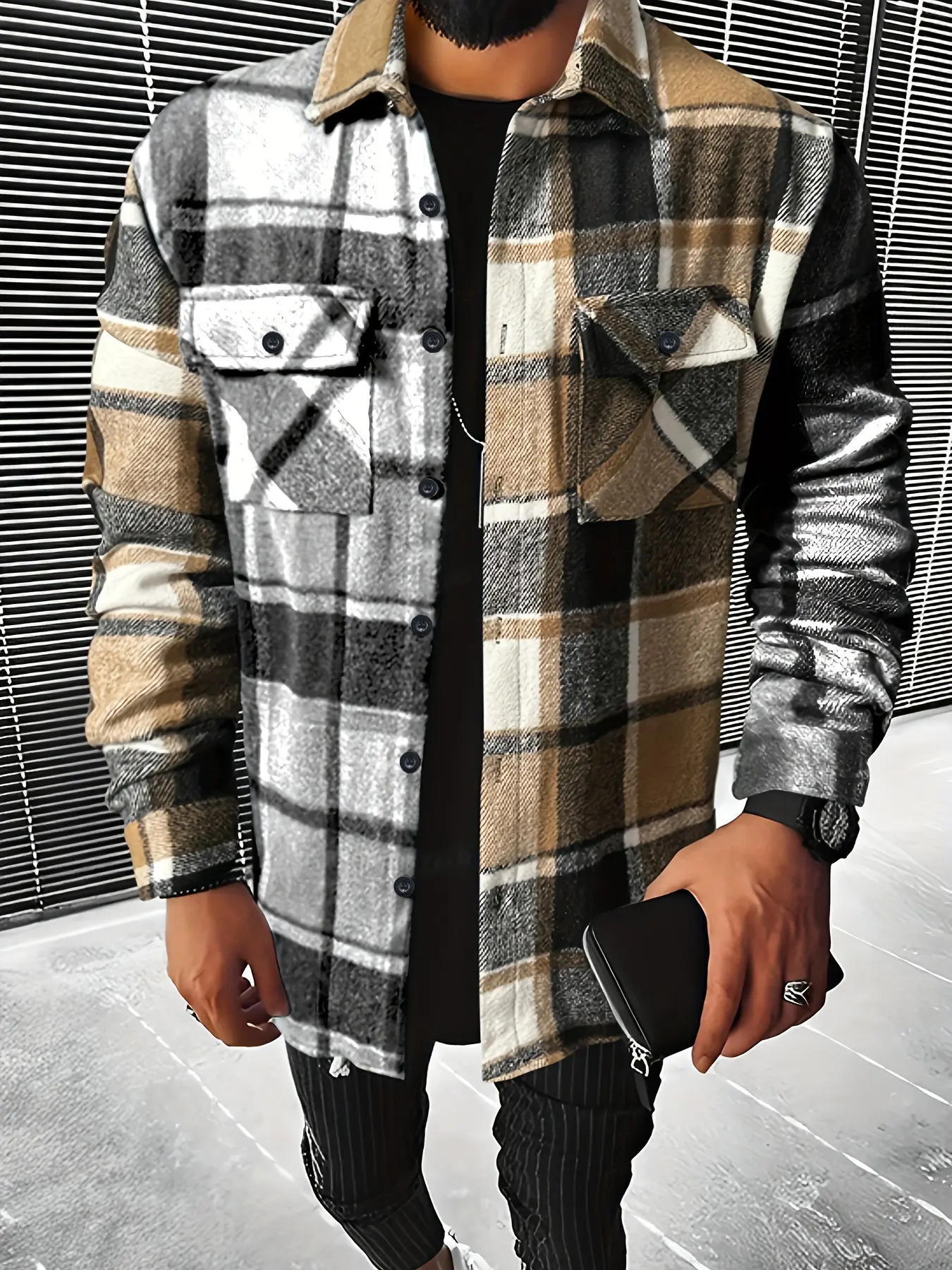 Men's color-blocked plaid, lapel coat with single-breasted button closure, Button front design, regular-fit, long-sleeve top featuring double chest patch pockets with button details ideal for autumn/winter, classic plaid outerwear, Menswear