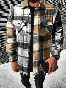 Men's color-blocked plaid, lapel coat with single-breasted button closure, a regular-fit, casual long-sleeve stylish top featuring double chest patch pockets with button details ideal for autumn/winter season, classic plaid outerwear, Menswear