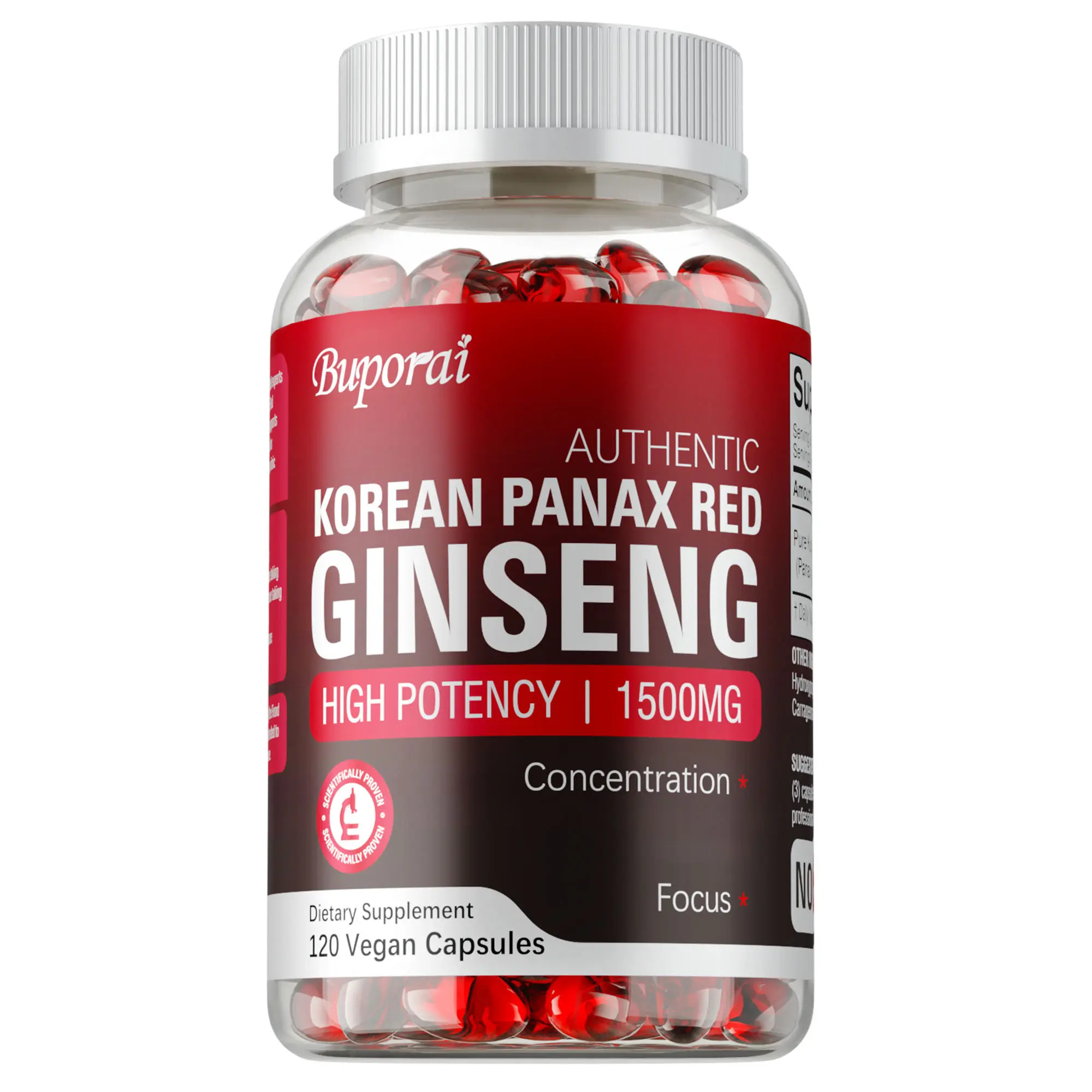 Buporai Korean Ginseng Herbal Supplement - 120 Capsules, Wheat Germ Oil Infused, Supports Focus, Healthcare & Supplement Routine, Prop 65 Safe Dietary Aid, Herbal Supplements
