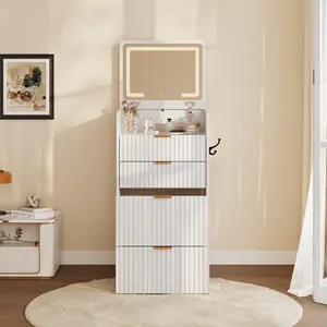 Small 3 in 1 Vanity Table with Lighted Flip Top Mirror, Charging Port, 3 Drawers & Rolling Stool, Space-Saving Compact Makeup Dressing Desk for Bedroom