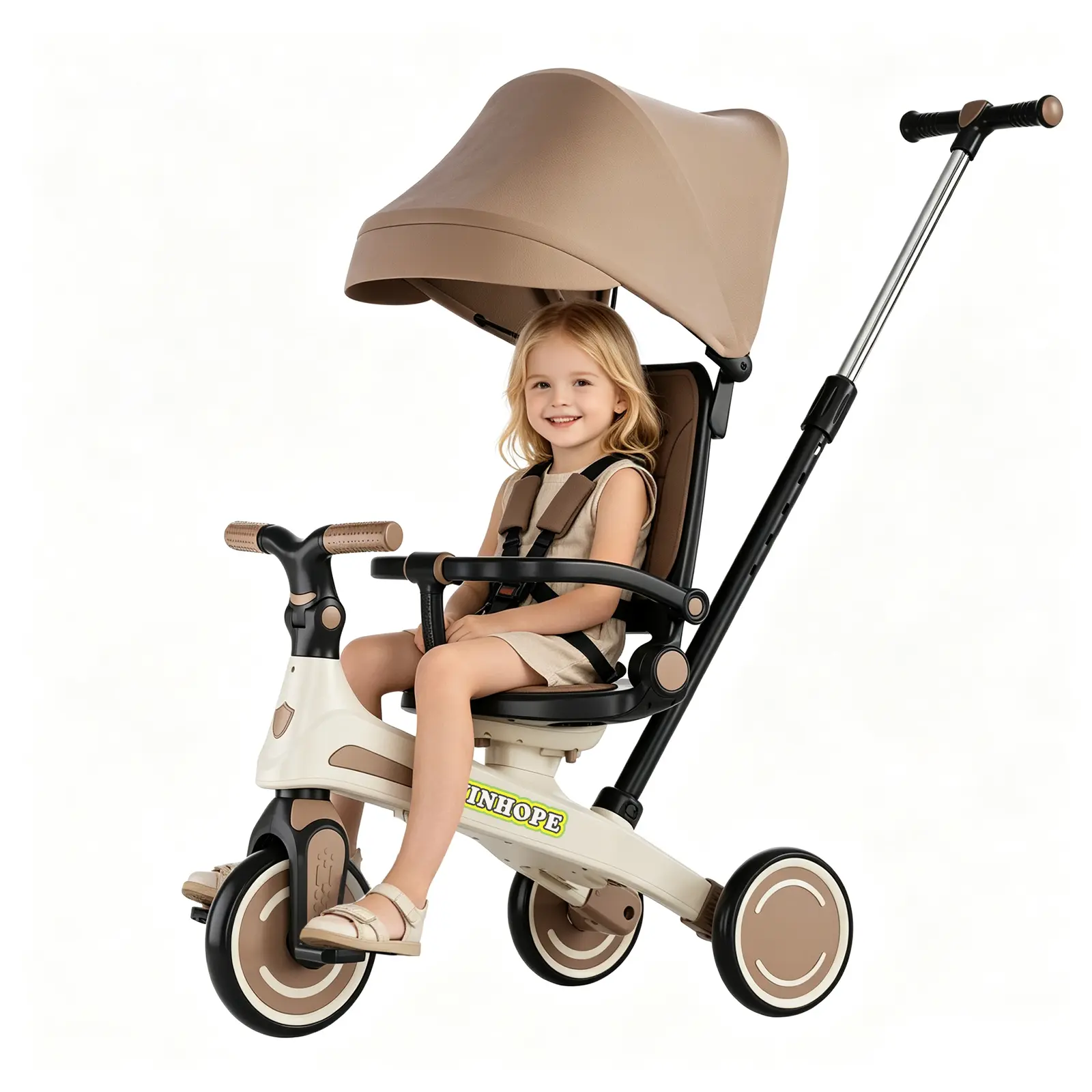 Winhope 6-in-1 Children’s Tricycle (for ages 1–6 years), includes a push handle, sunshade, and EVA shock-absorbing wheels; supports stroller mode, pushing, and riding; suitable for both boys and girls; usable indoors and outdoors.