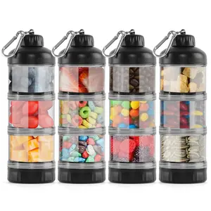 BYLWORKOUT [2 Pack] Stackable Protein Powder Dispenser Set – 3-Tier Leakproof Containers w/ Funnel & Keychain, BPA-Free for Gym, Travel or Home Storage (Black)