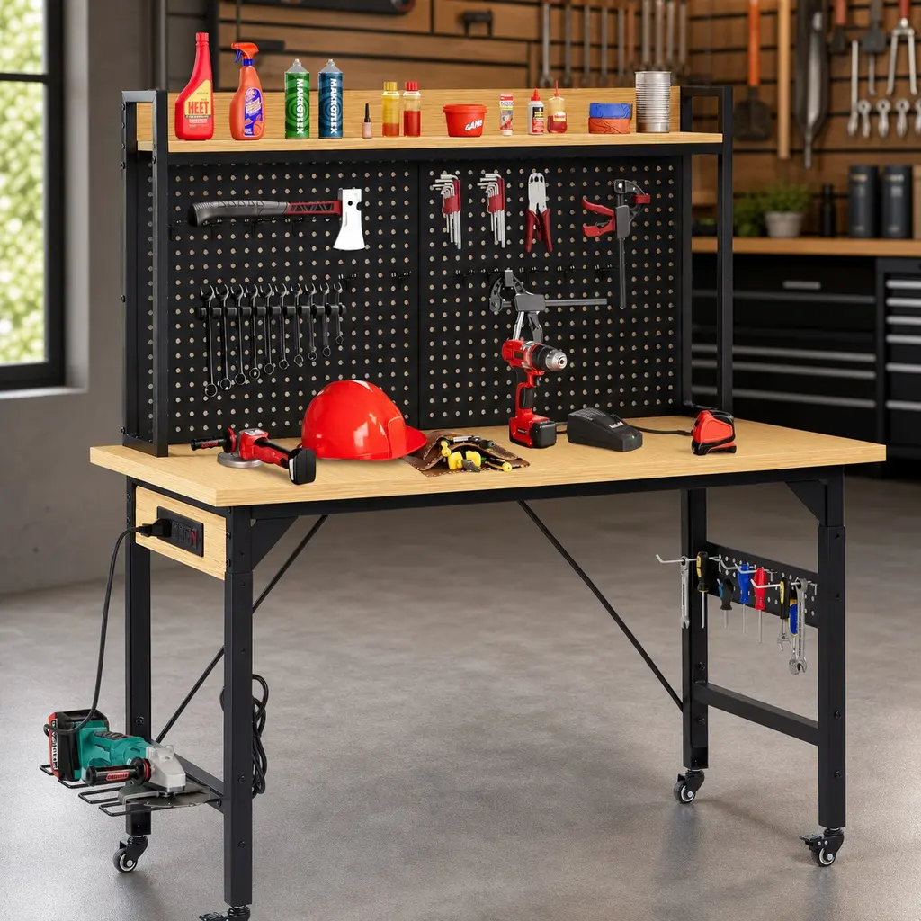 48-Inch Adjustable Rolling Workbench with Pegboard, Heavy Duty Engineered Wood Desktop, 1600 lb Capacity, Steel Frame, AC/USB Outlets, 18 Hooks, Shelf, Yellow+Black, for Garage Workshop Office Home, Yellow+Black Color Options