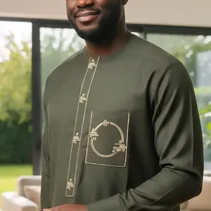 Men's Luxury African Senator Suit Olive Green Kaftan Set with Gold Embroidery Elegant Traditional Outfit for Men