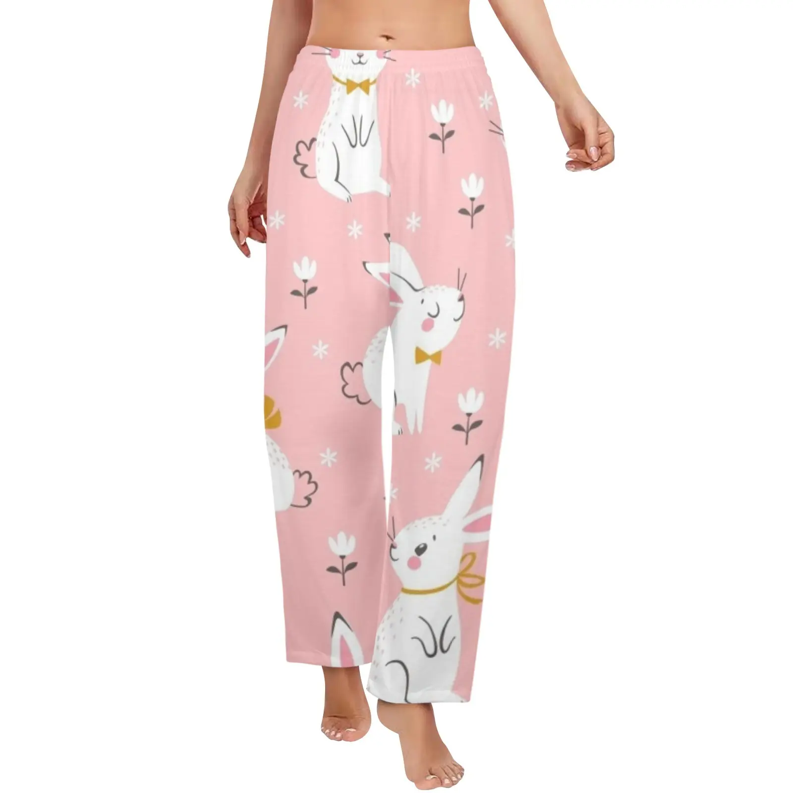 Floral Print Bunny Rabbit Pink Women's Pajama Trousers without Pockets (Sets 02)