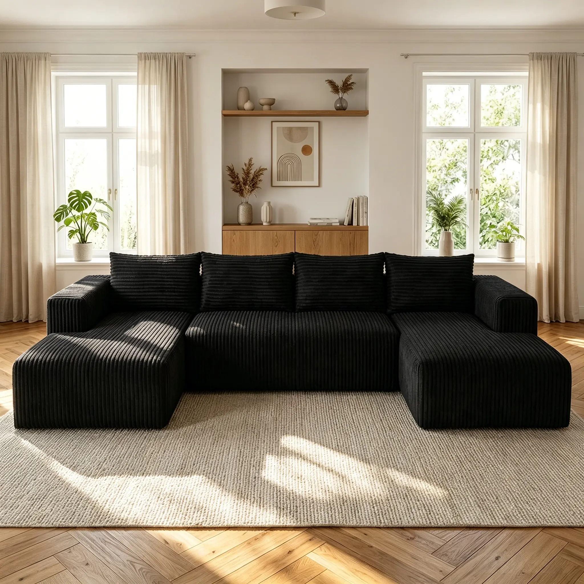 132'' Modern U-Shaped Modular Sectional Couch with Double Chaise Lounge, Comfy Corduroy Upholstery, Free Combination - Minimalist Living Room Furniture for Living Room Decor (3-Package Shipping), Furniture Living Room