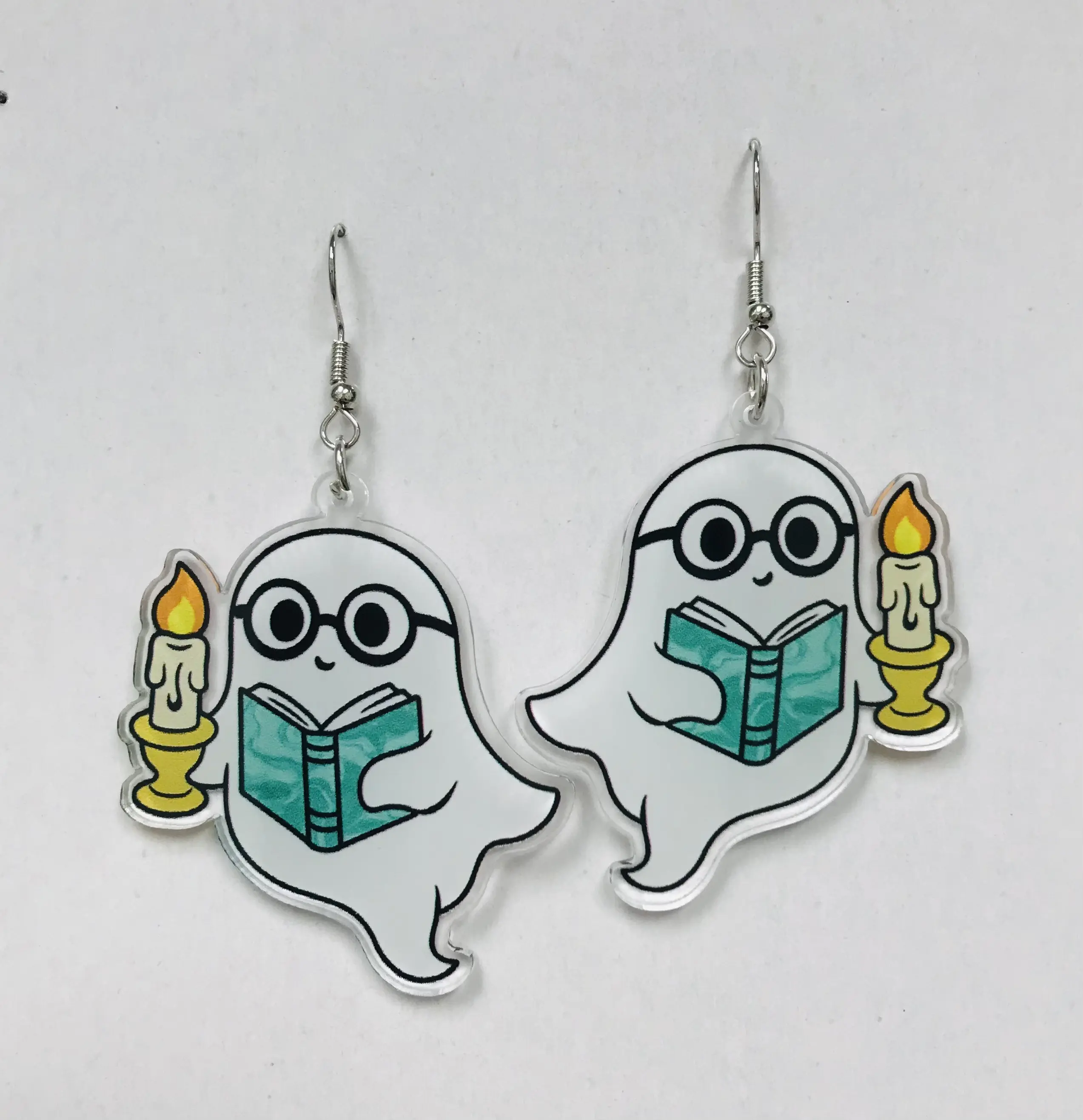 ghost with book and candle Halloween earrings