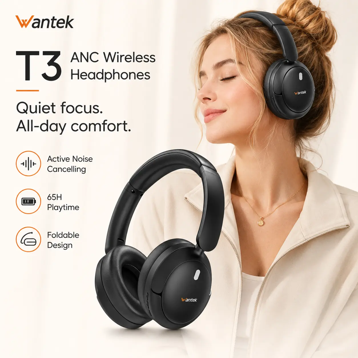 【Premium ANC Headphones】60H, Hybrid Active Noise Cancelling Headphones, Bluetooth Over Ear Headset with Mic, Hi-Res Audio, Deep Bass, 60H Playtime, 3D Music Modes, Foldable & Lightweight Design, Memory Foam Ear Cups – for Travel, Work, Home, T3